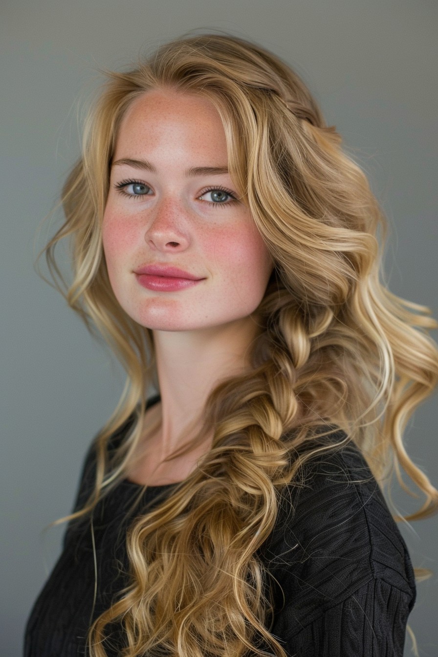 Bohemian Honey Blonde Waves with Side Braid