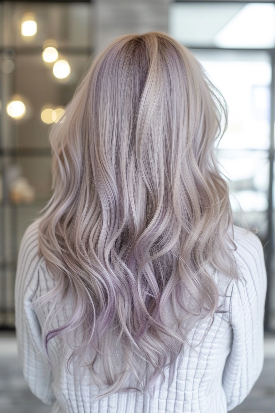 Subtle Lavender and Silver Mix in Long Wavy Hair