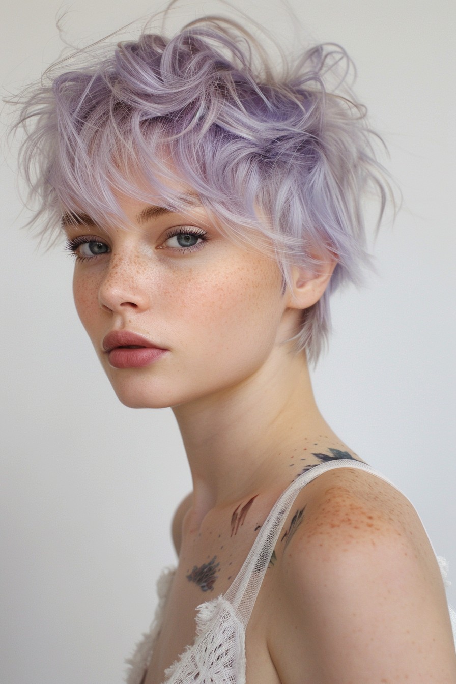 Bixie Haircut with Feathered Crown in Light Lavender