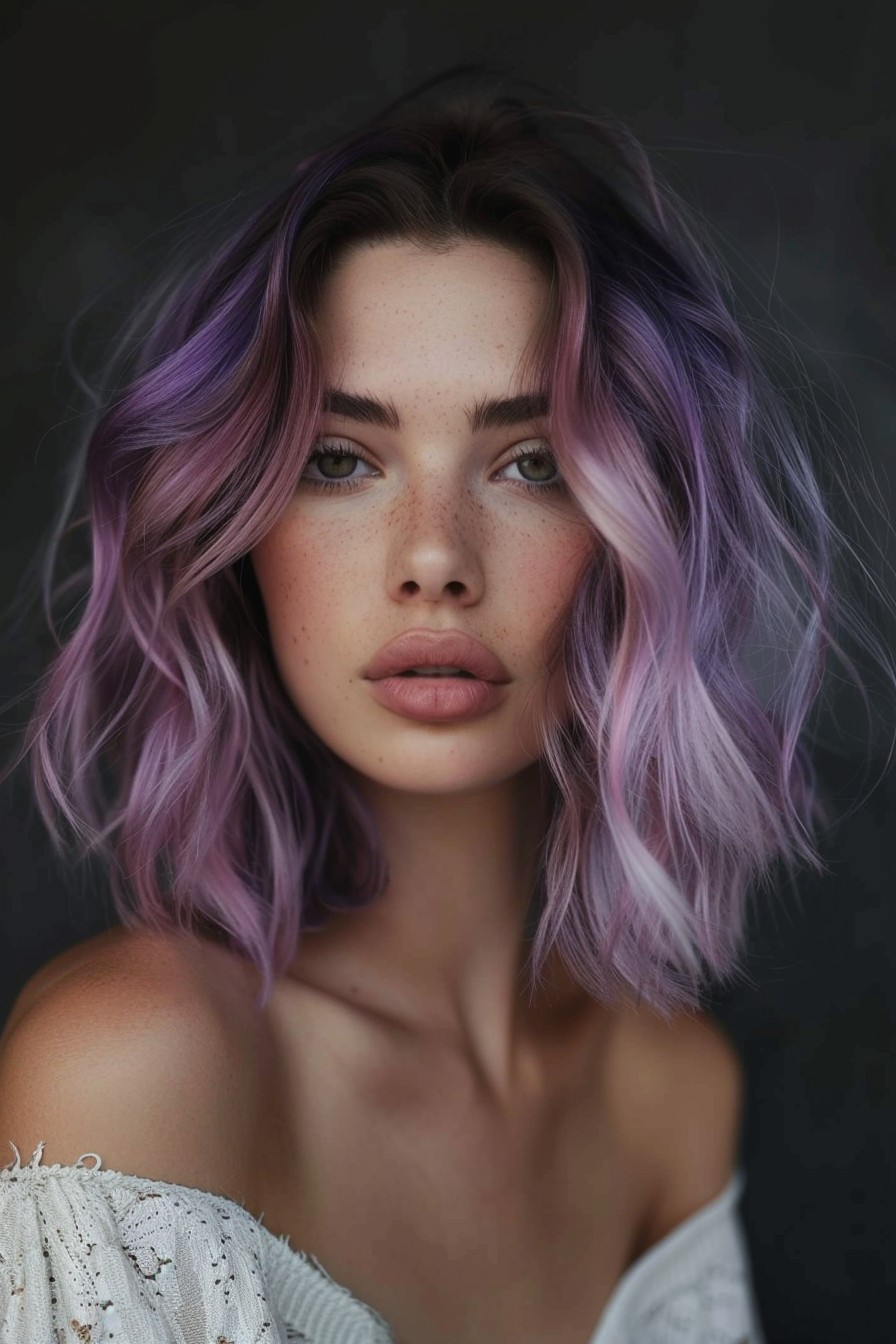 Wavy Bob with Deep Purple Roots