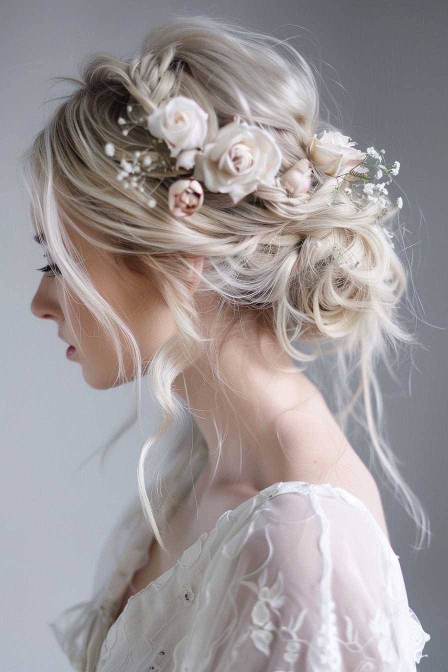 Whimsical Icy Blonde Romantic Updo