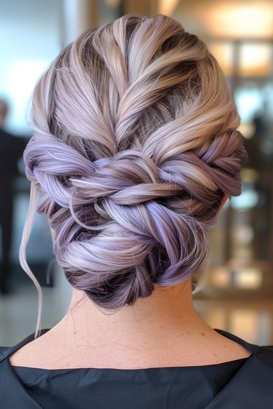 Elegant Twisted Updo with Lavender Hints