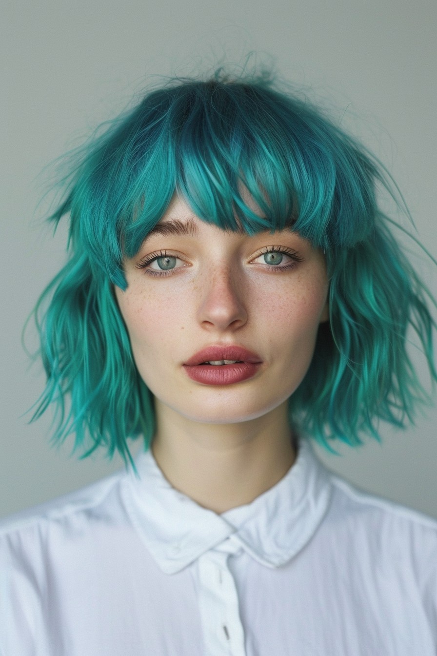 Bright Turquoise Shaggy Lob with Bangs