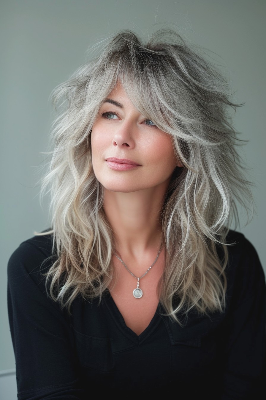 Long Shaggy Mullet with Striking Silver Highlights