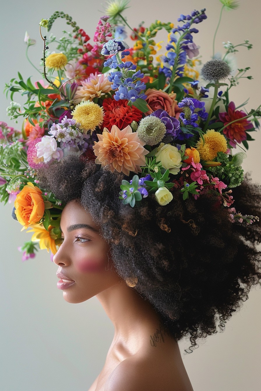 Floral Afro with Woven Fresh Flowers