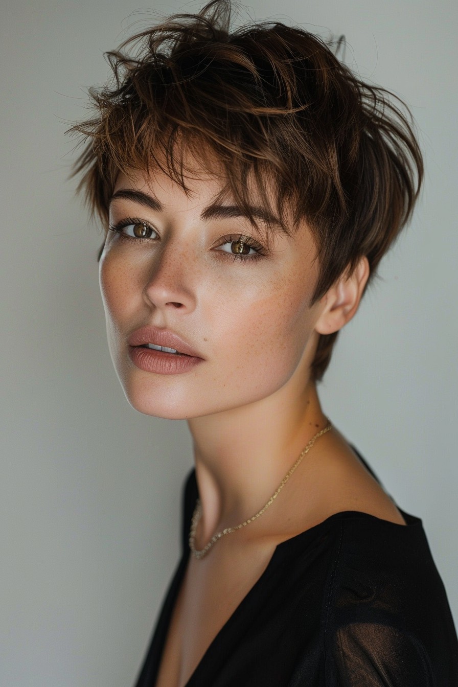 Sunkissed Brunette Pixie Cut with Subtle Golden Highlights