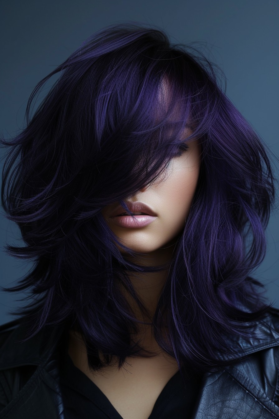 Medium Shaggy Hairstyle in a Glossy Midnight Purple