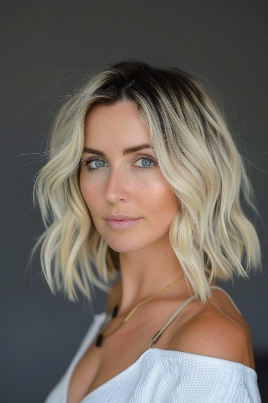 Tousled Bob in California Blonde with Dark Roots