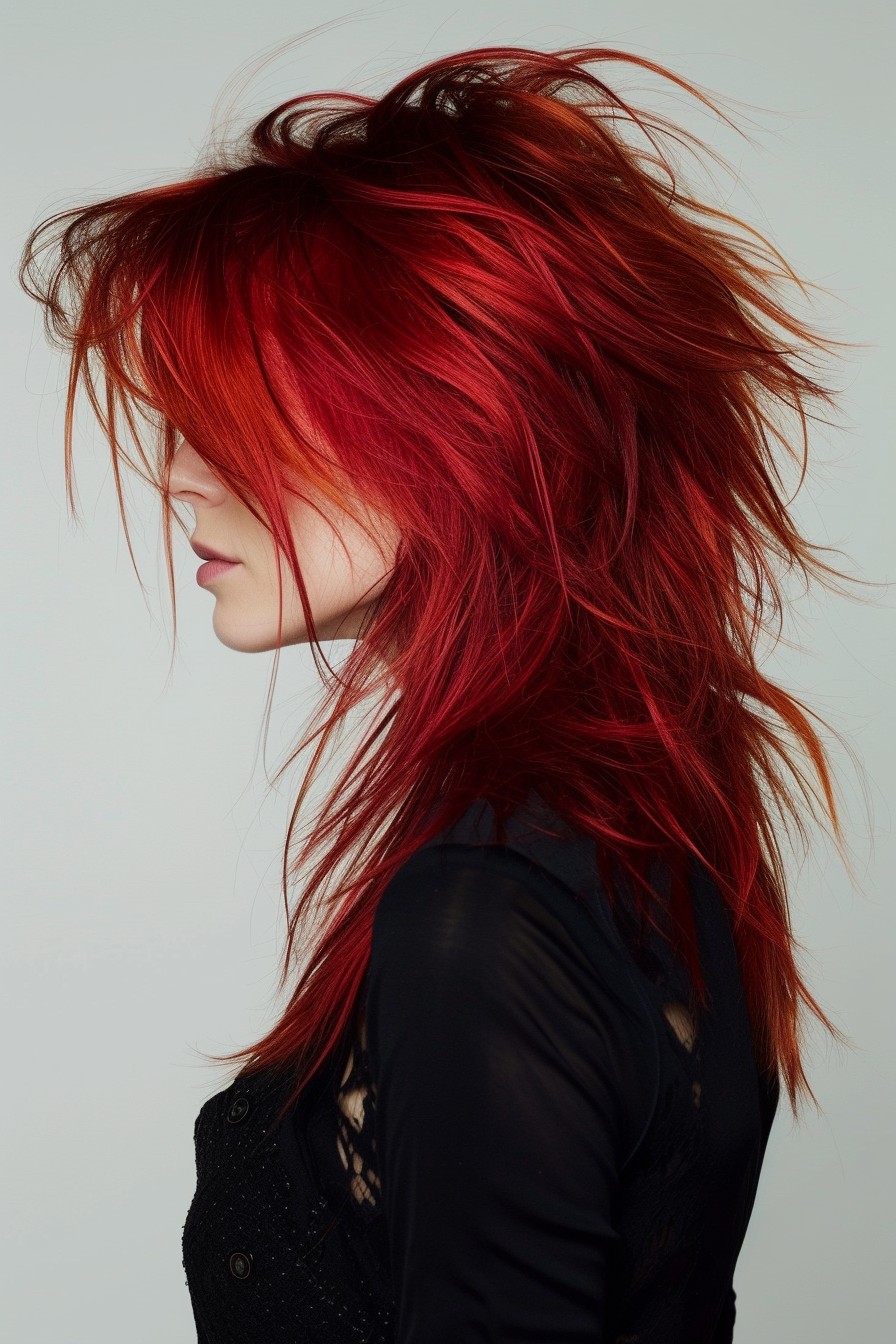 Mid-Back Length Shaggy Mullet Style in Ruby Red Coloring