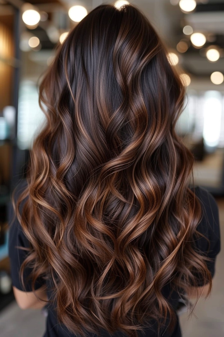 Chocolate Brown and Caramel Balayage on Long Hair