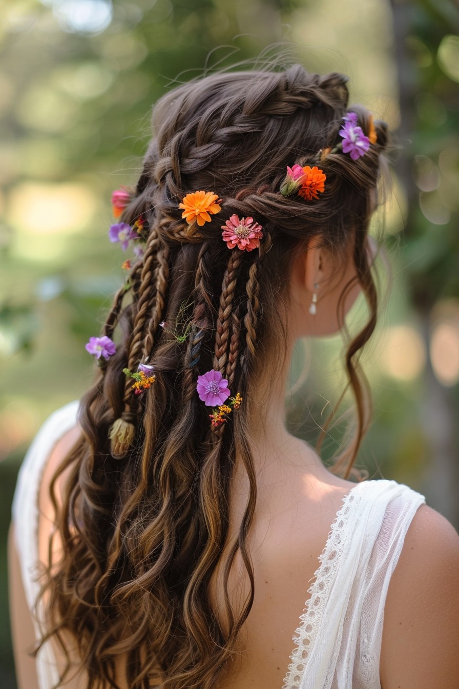 Festival-Inspired Waterfall Braids with Flower Accents