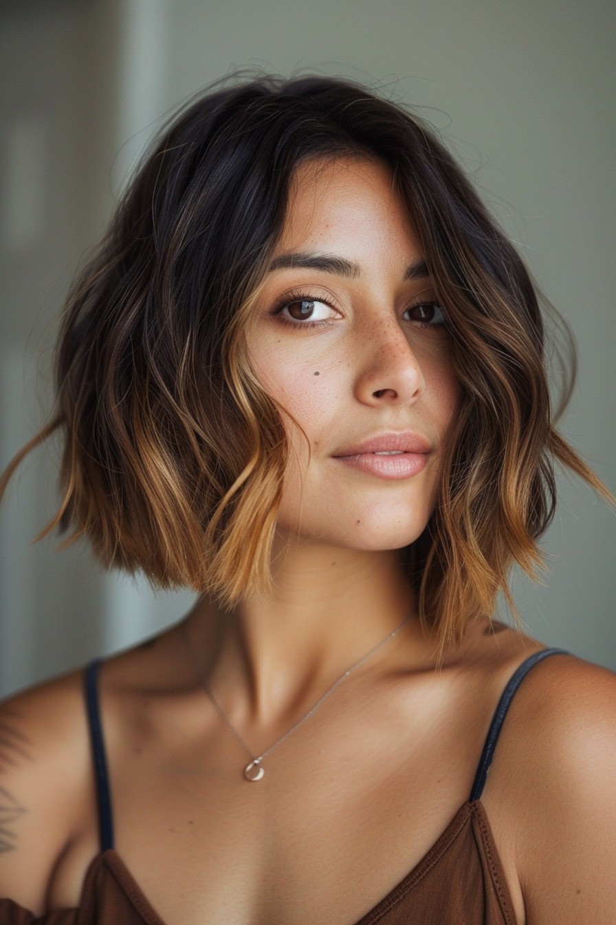 Trendy Undercut Bob in Sunkissed Brunette with Soft Caramel Ombre