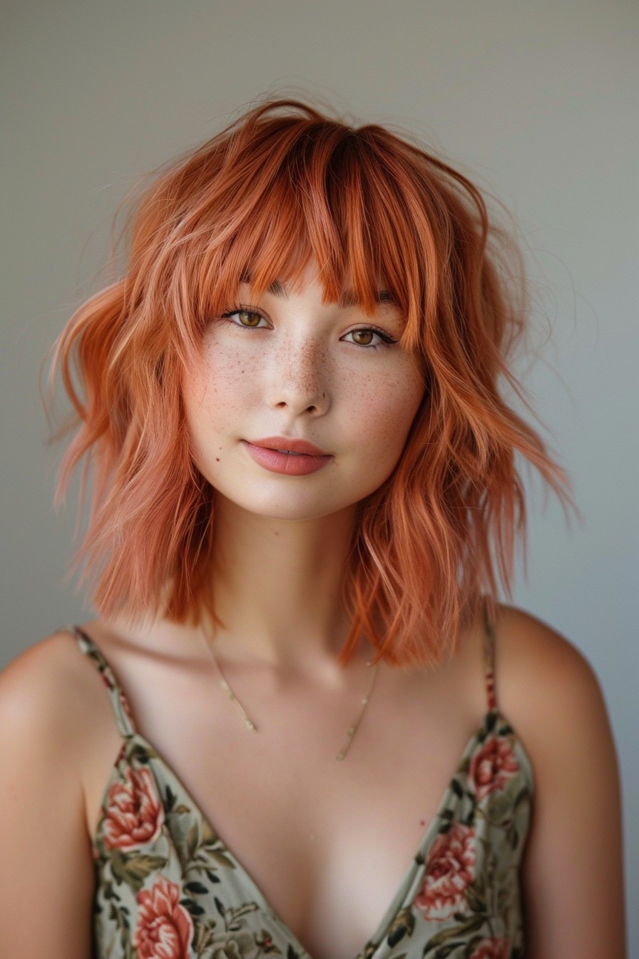 Shaggy Lob with Bangs in Radiant Rose Gold