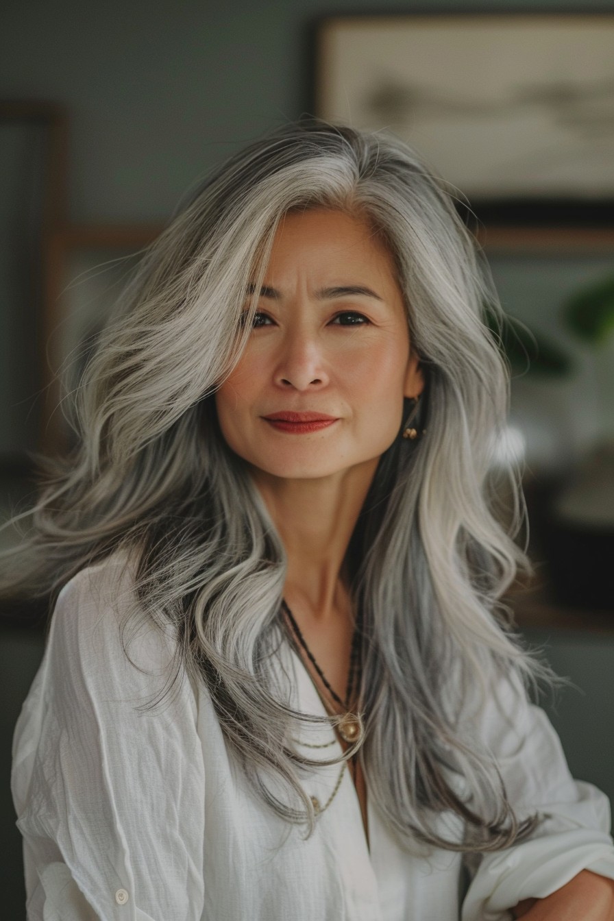 Long Layers with Gentle Waves and Natural Gray Highlights