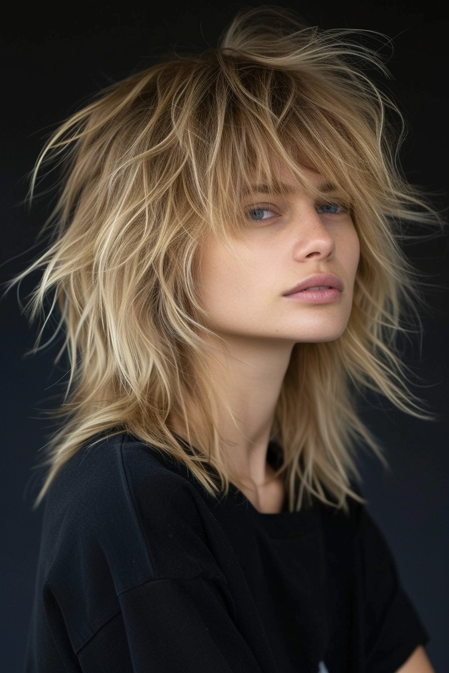 Short to Medium-Length Shaggy Mullet with Sun-Kissed Blonde Highlights