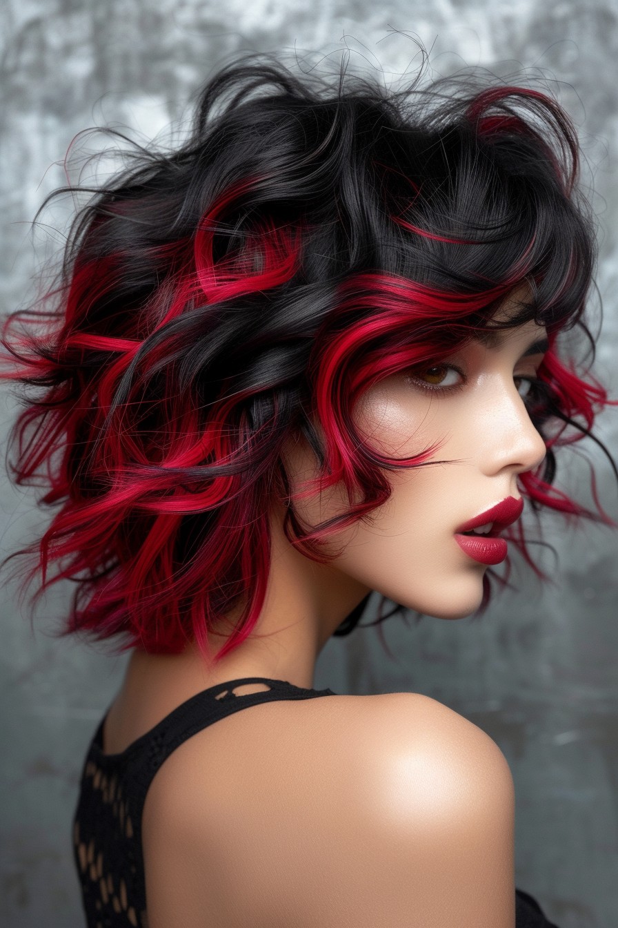 Glossy Jet Black with Ruby Red Tips on Mid-Length Curls