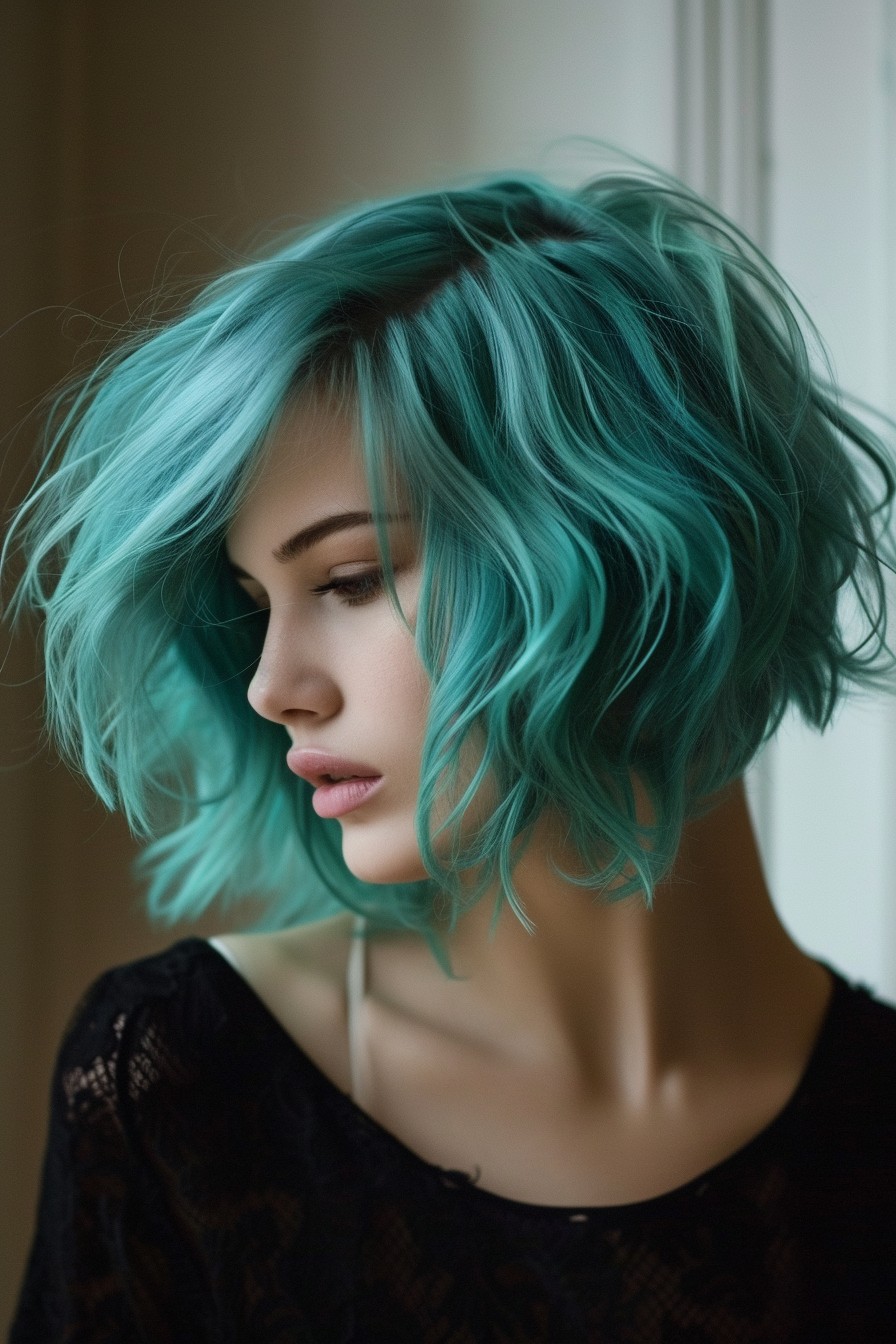 Striking Turquoise in Short Angled Bob