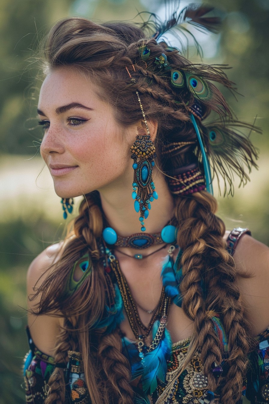 Elaborate Side Braid with Turquoise Jewelry