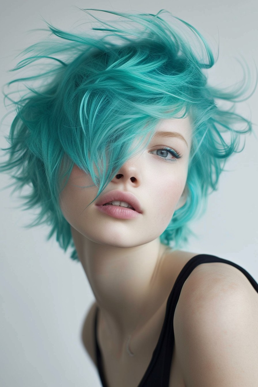 Short Shaggy Mullet Hairstyle with Bright Turquoise Highlights