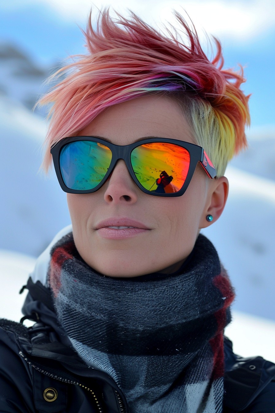 Pixie Cut with Vibrant Highlights for Snowboarding