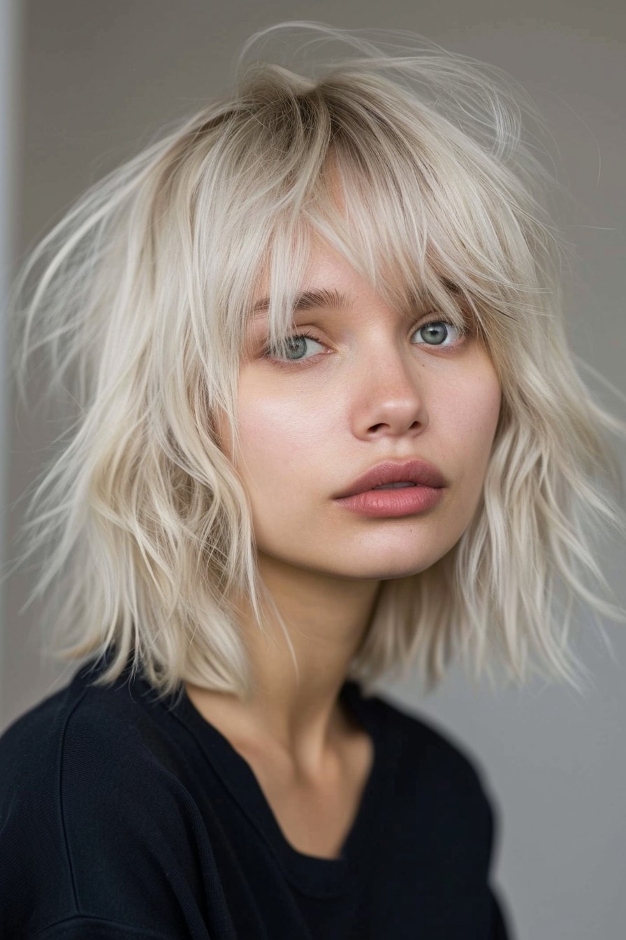 Cool Platinum Blonde Shaggy Lob with Bangs