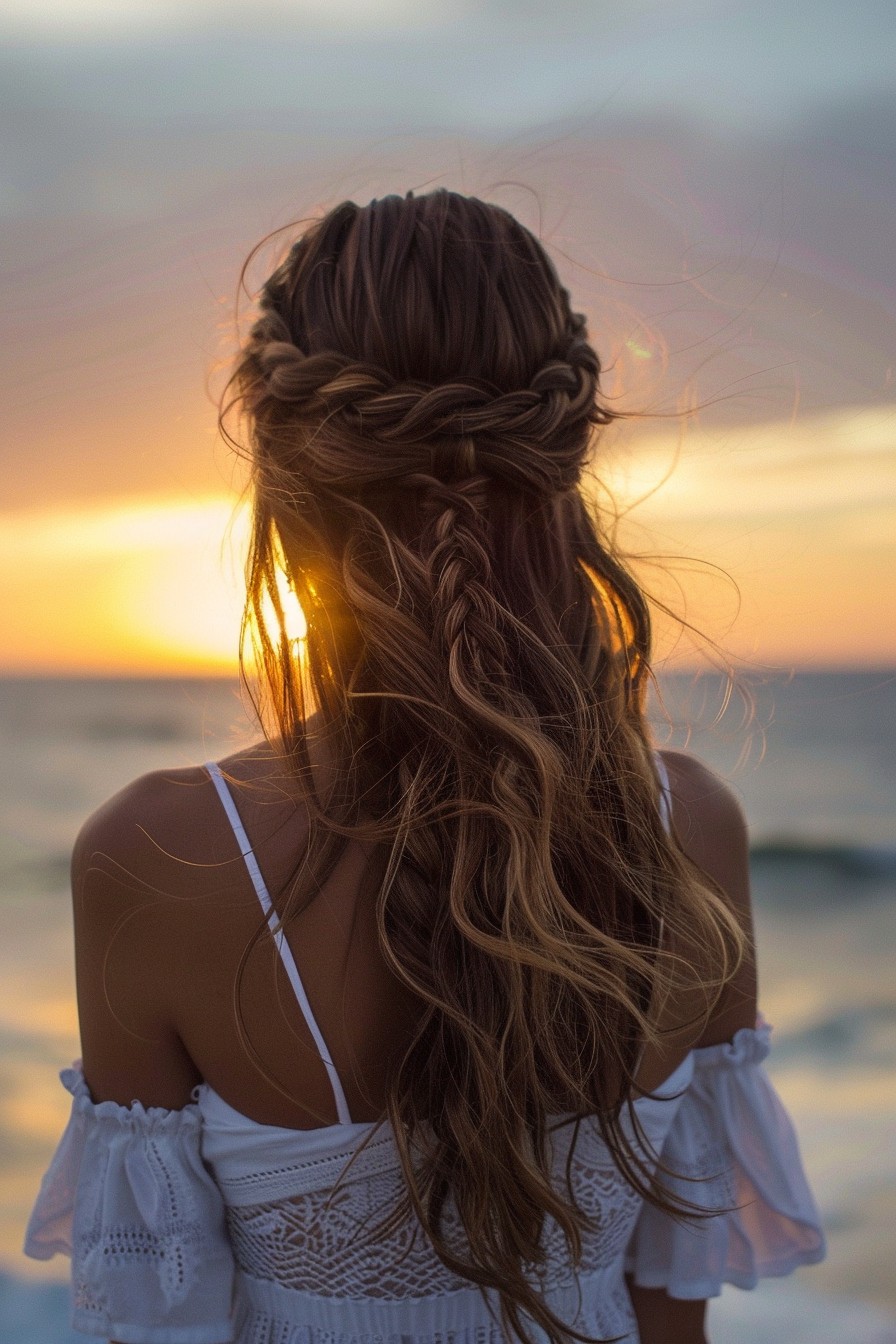 Sunkissed Brunette with Loose Braids and Sunlit Ends