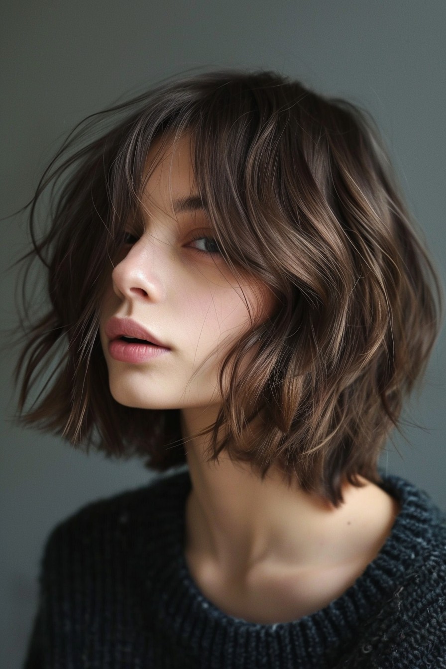 Short Choppy California Brunette Bob with Lightened Ends