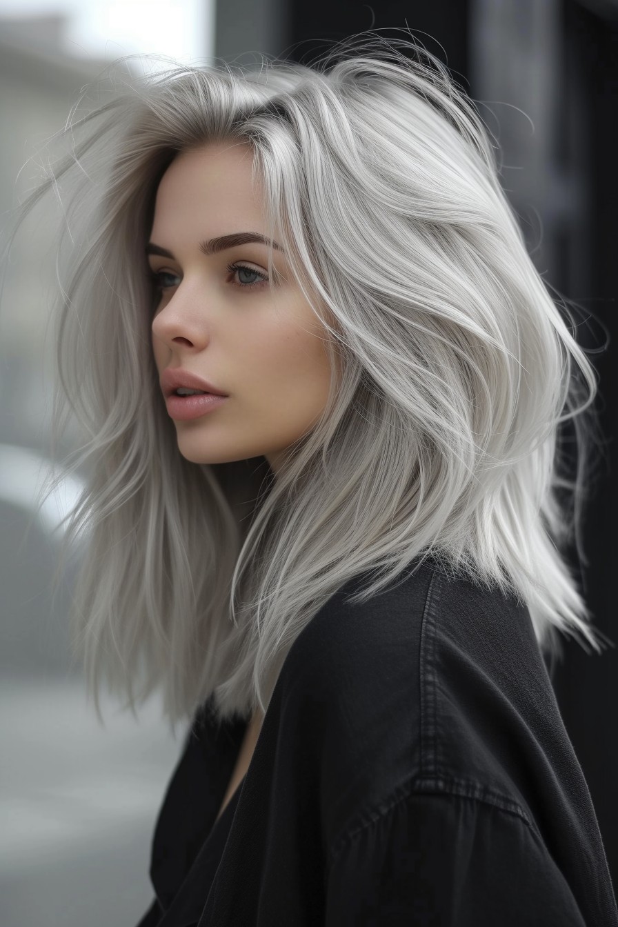 Chic Silver Grey on Shoulder-Length Hair