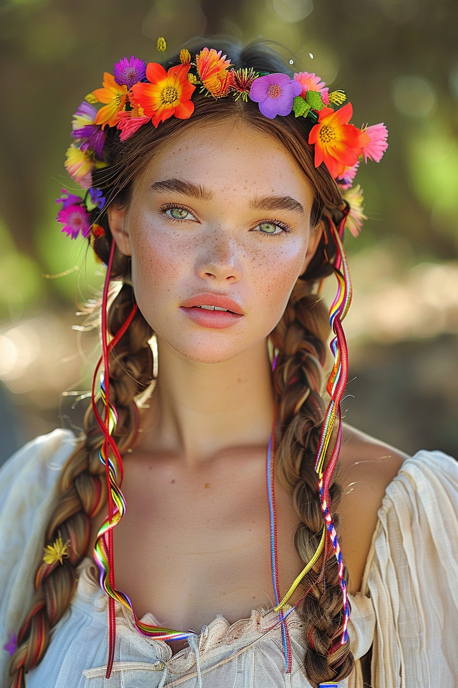 Festival Crown Braid with Colorful Ribbon