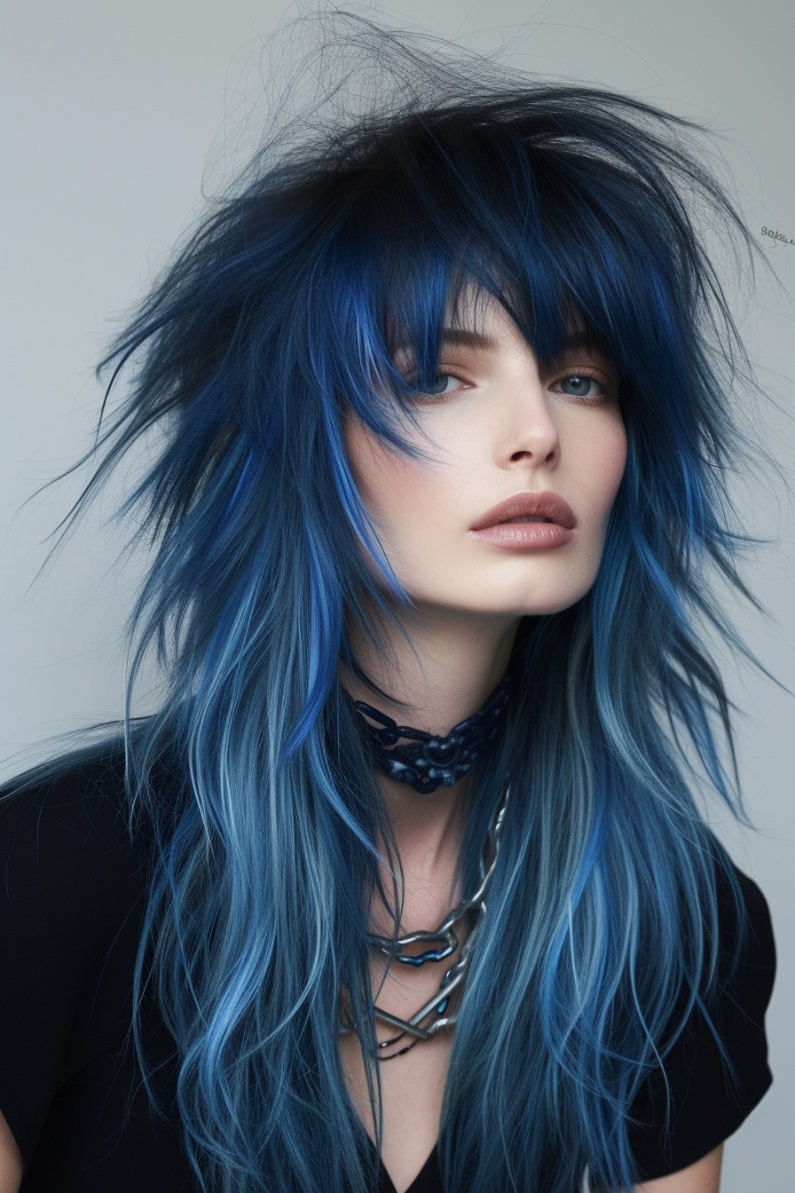 Shaggy Mullet Long and Layered with Bold Indigo Streaks