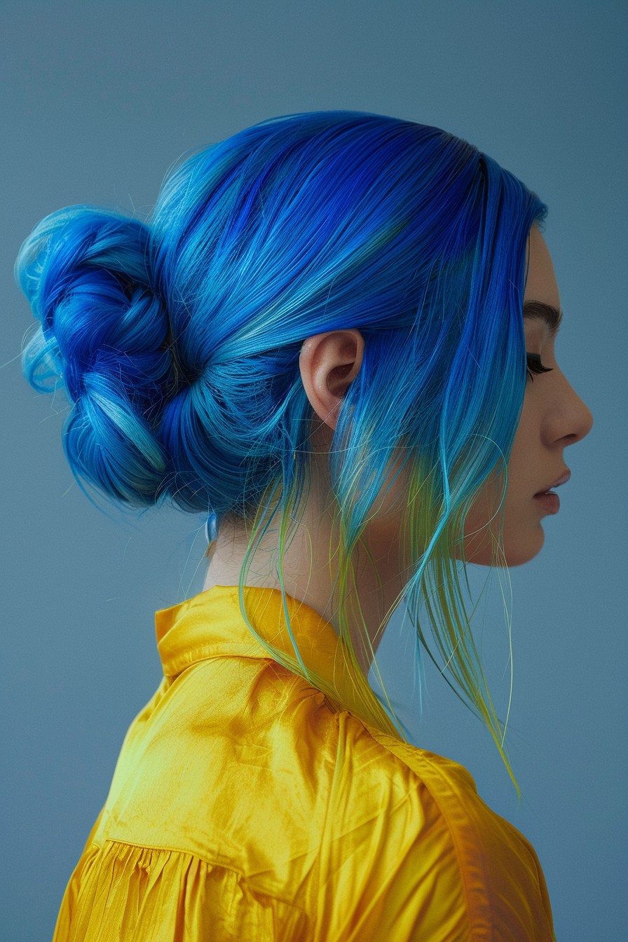 Festival Electric Blue Hair in a Sleek Bun