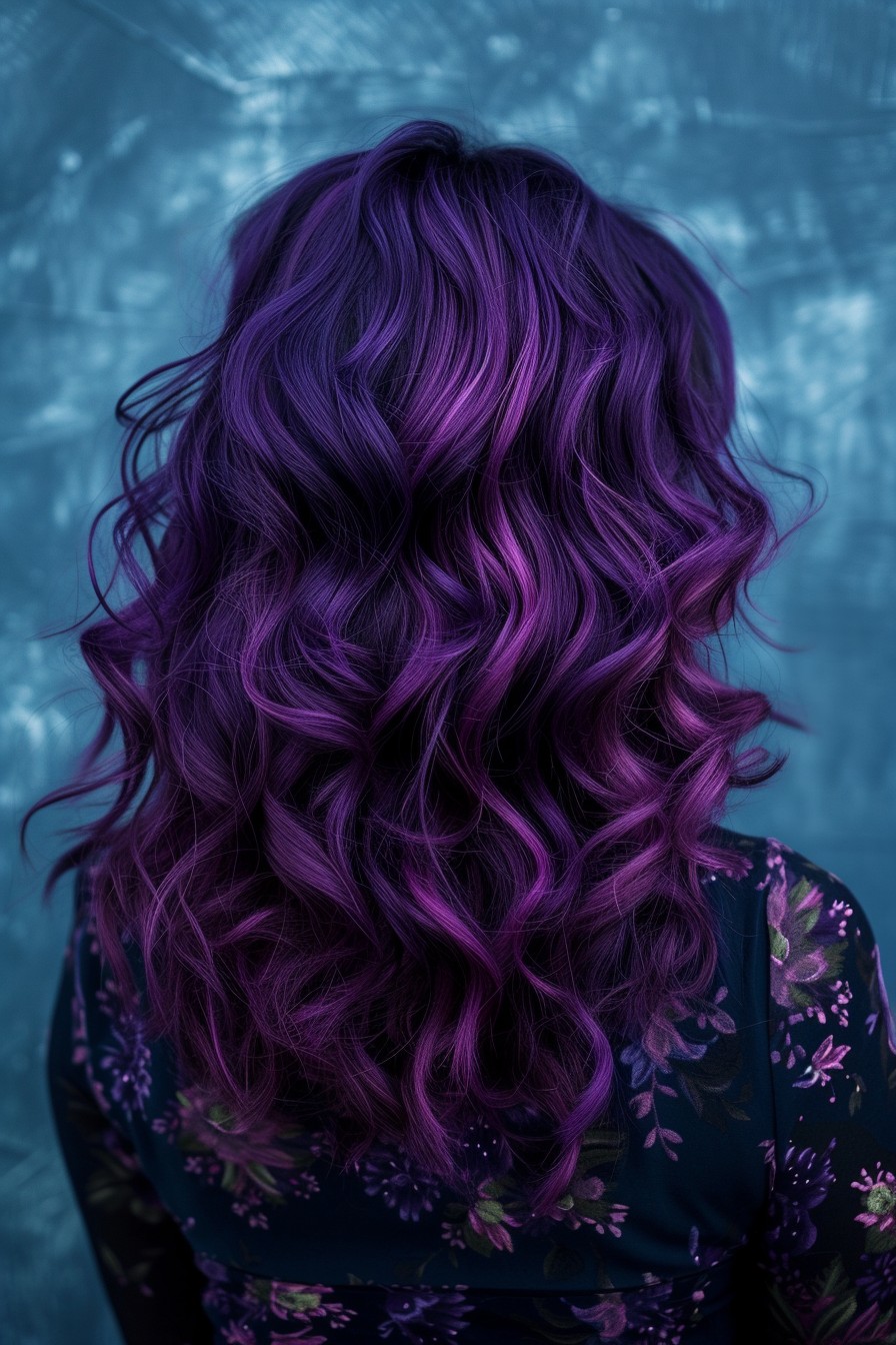 Mid-Back Length Curly Hair in Vibrant Midnight Purple