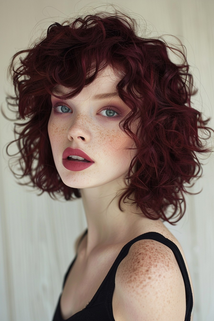 Voluminous Bixie with Deep Burgundy Curls