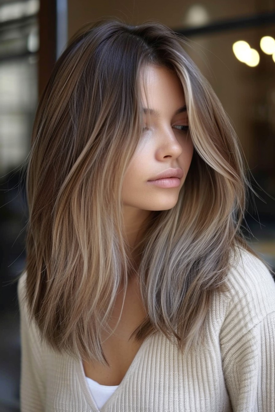 Medium-Length California Brunette with Light Ash Blonde Highlights