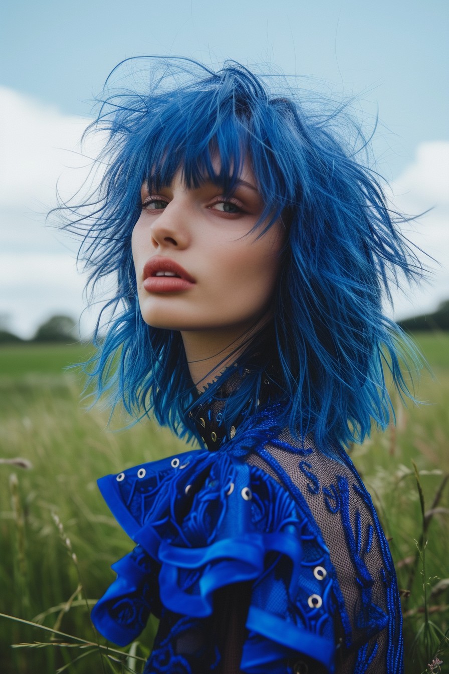 Mid-Length Shaggy Mullet in Bold Electric Blue