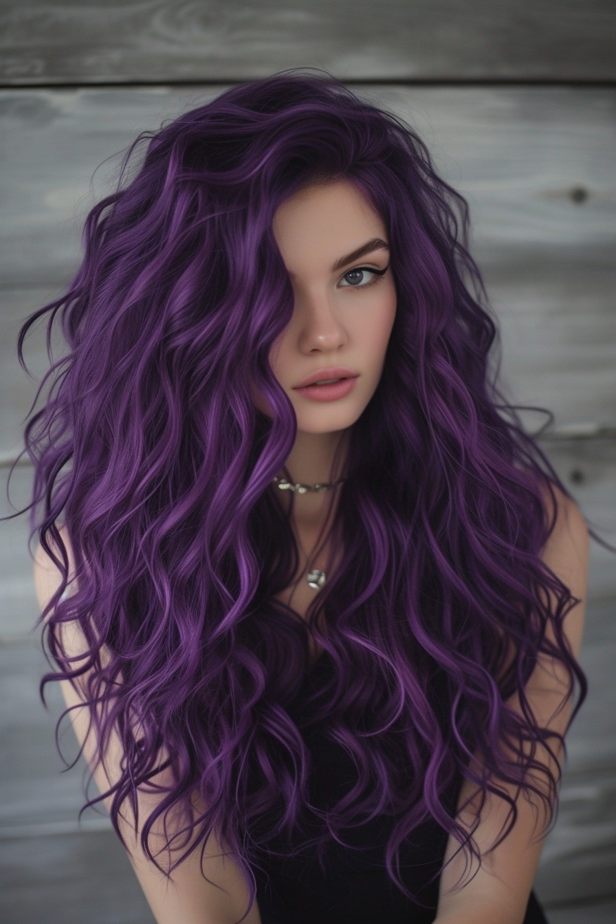 Long, Curly Hair in a Deep Midnight Purple: Full of Volume