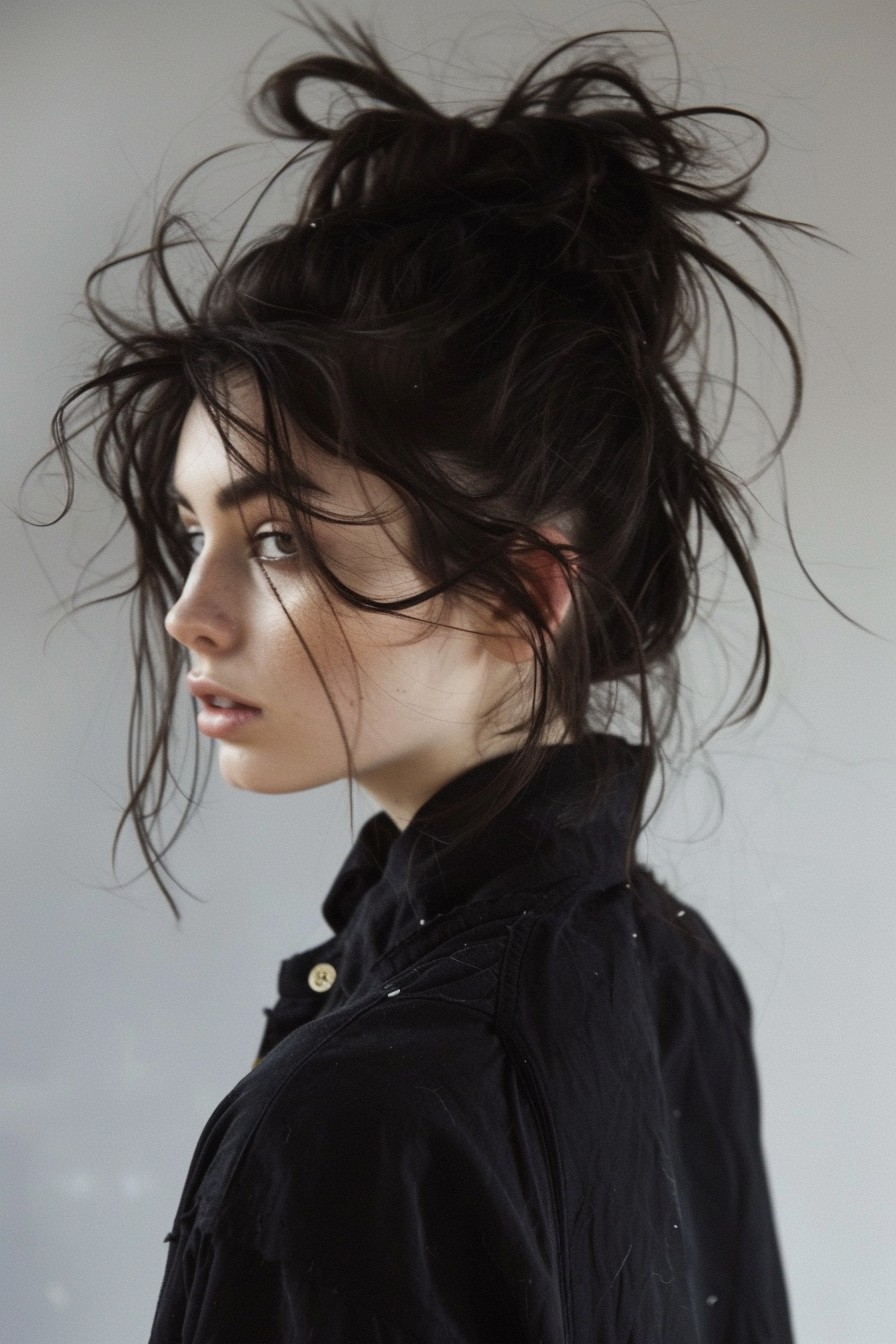 Messy Top Knot with Wispy Strands