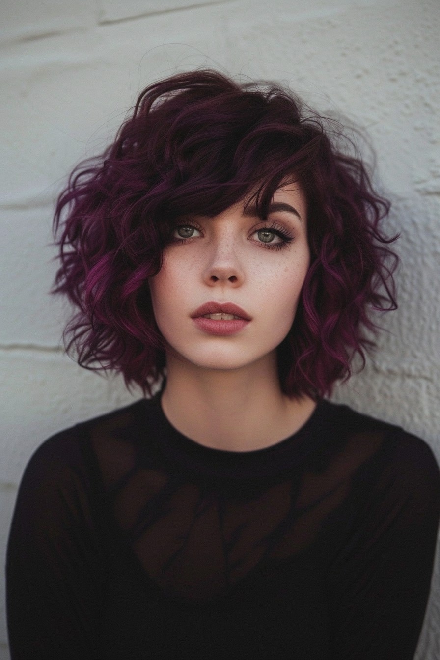 Deep Plum and Burgundy Shades in Short Curly Hair