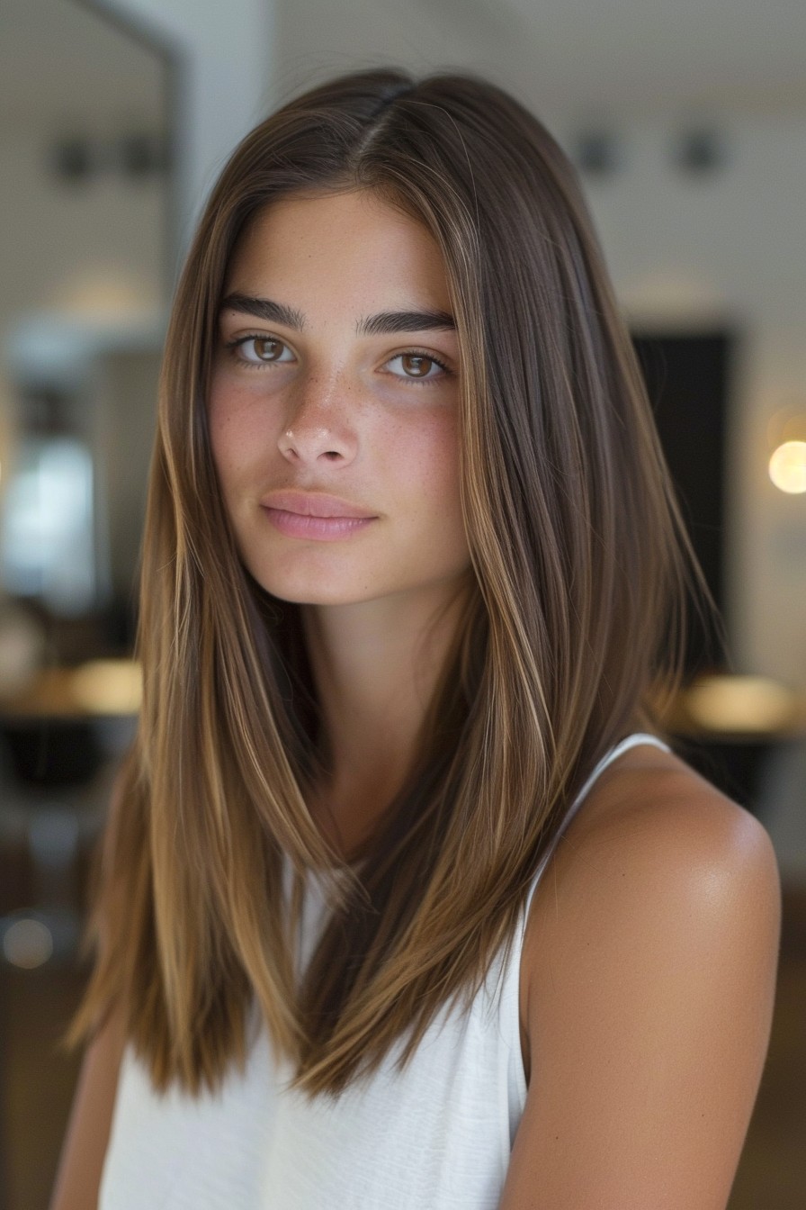 Sleek, Sunkissed Brunette Straight Hairstyle with Golden Brown Balayage