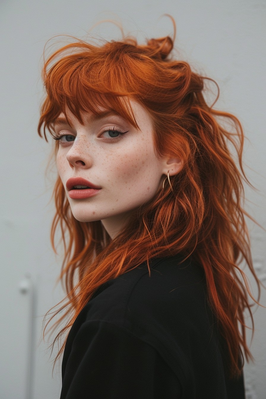 Shaggy Mullet Shoulder-Length in Warm Ginger Hue