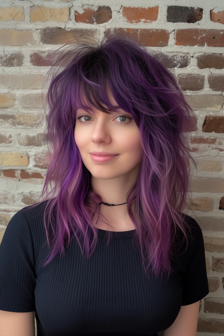 Medium-Length Shaggy Mullet with Vibrant Purple Undertones