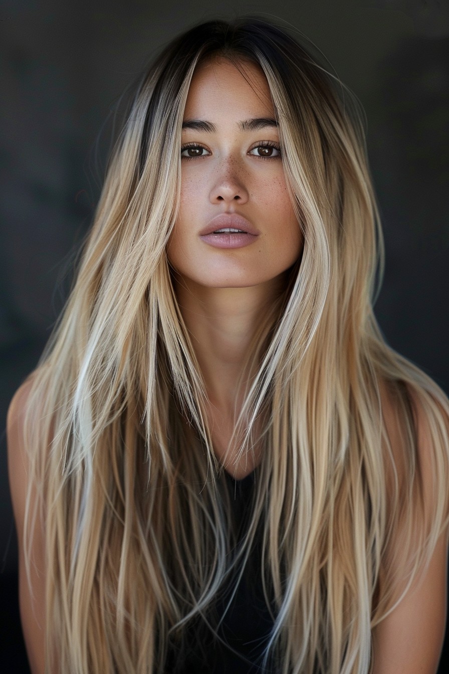 Long, Straight California Blonde Hair with Dark Roots