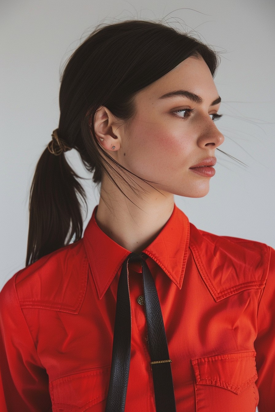 Sleek Low Ponytail Bound with a Leather Tie in Jet Black