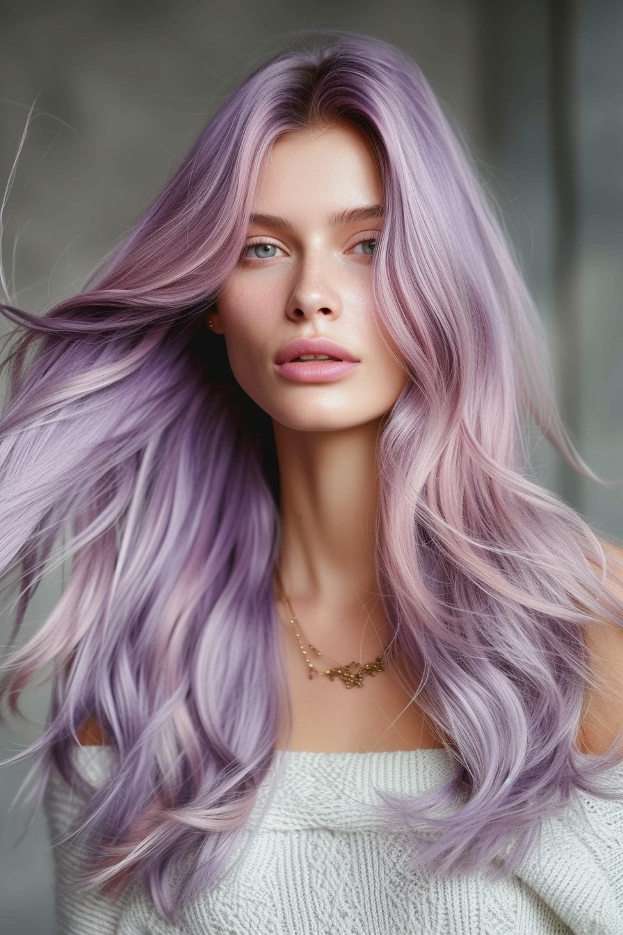 Soft Pastel Lilac Highlights in Long Hair