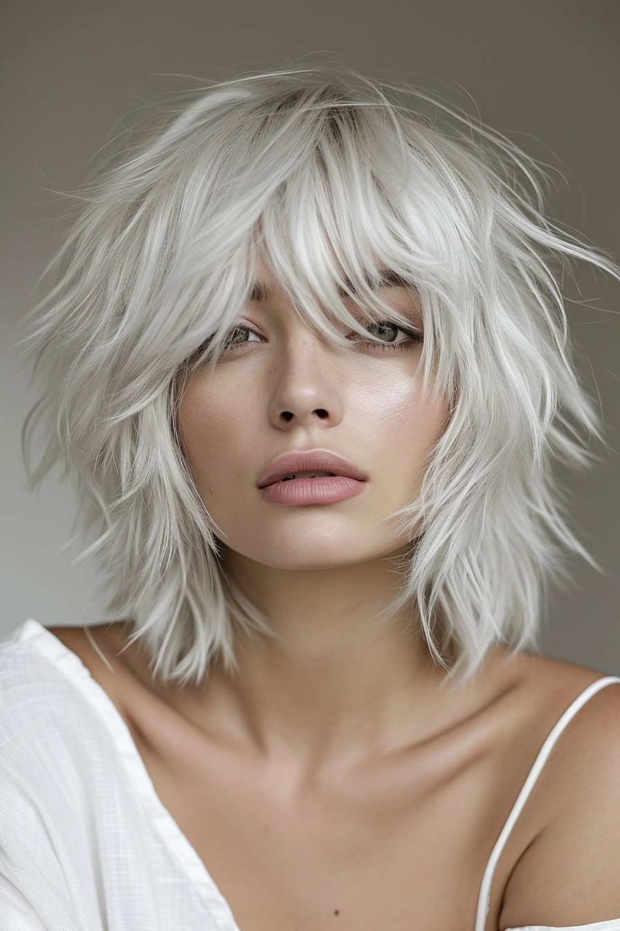 Icy Silver Blonde Shaggy Lob with Bangs