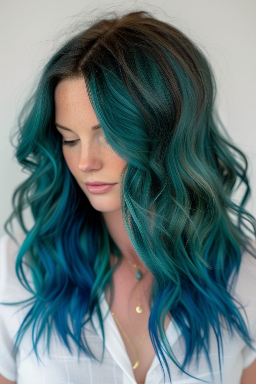 Peacock Blue and Green Hues in Medium-Length Hair