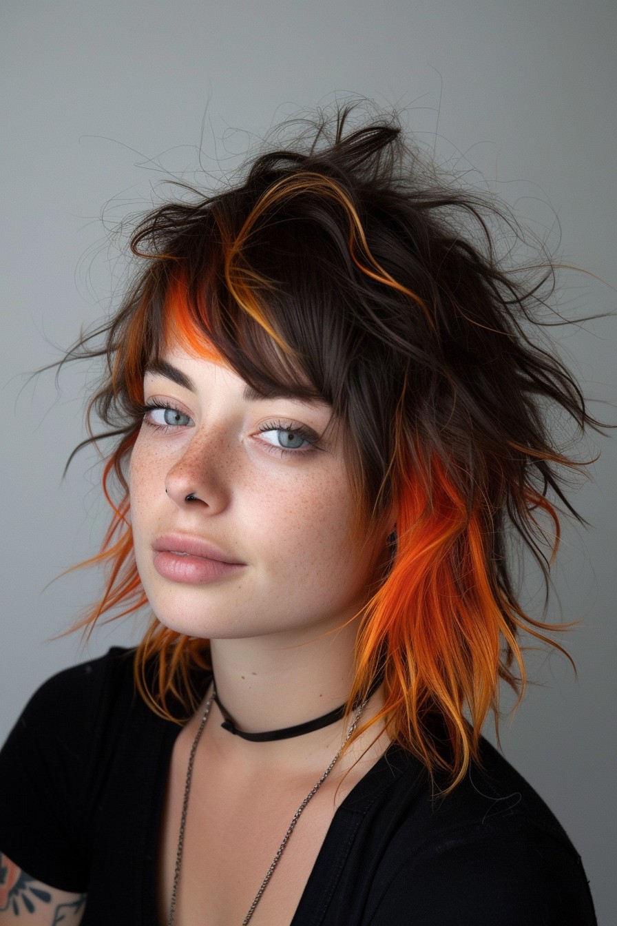 Short to Medium Shaggy Mullet with Bright Orange Streaks