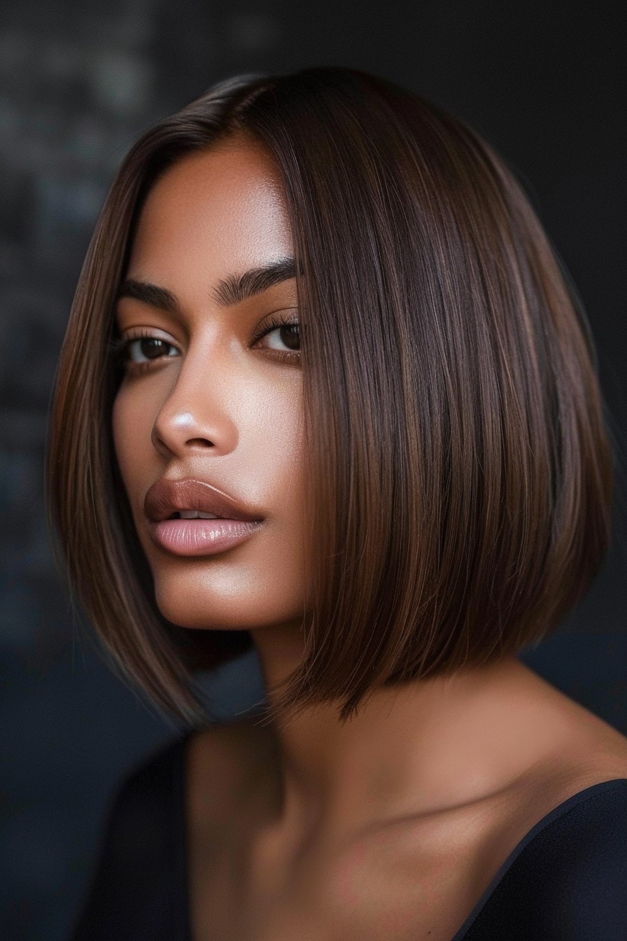 Glossy Sunkissed Brunette with Sleek Long Bob