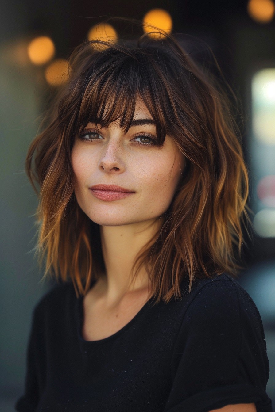 Layered, Shaggy Cut in Sunkissed Brunette with Copper Balayage