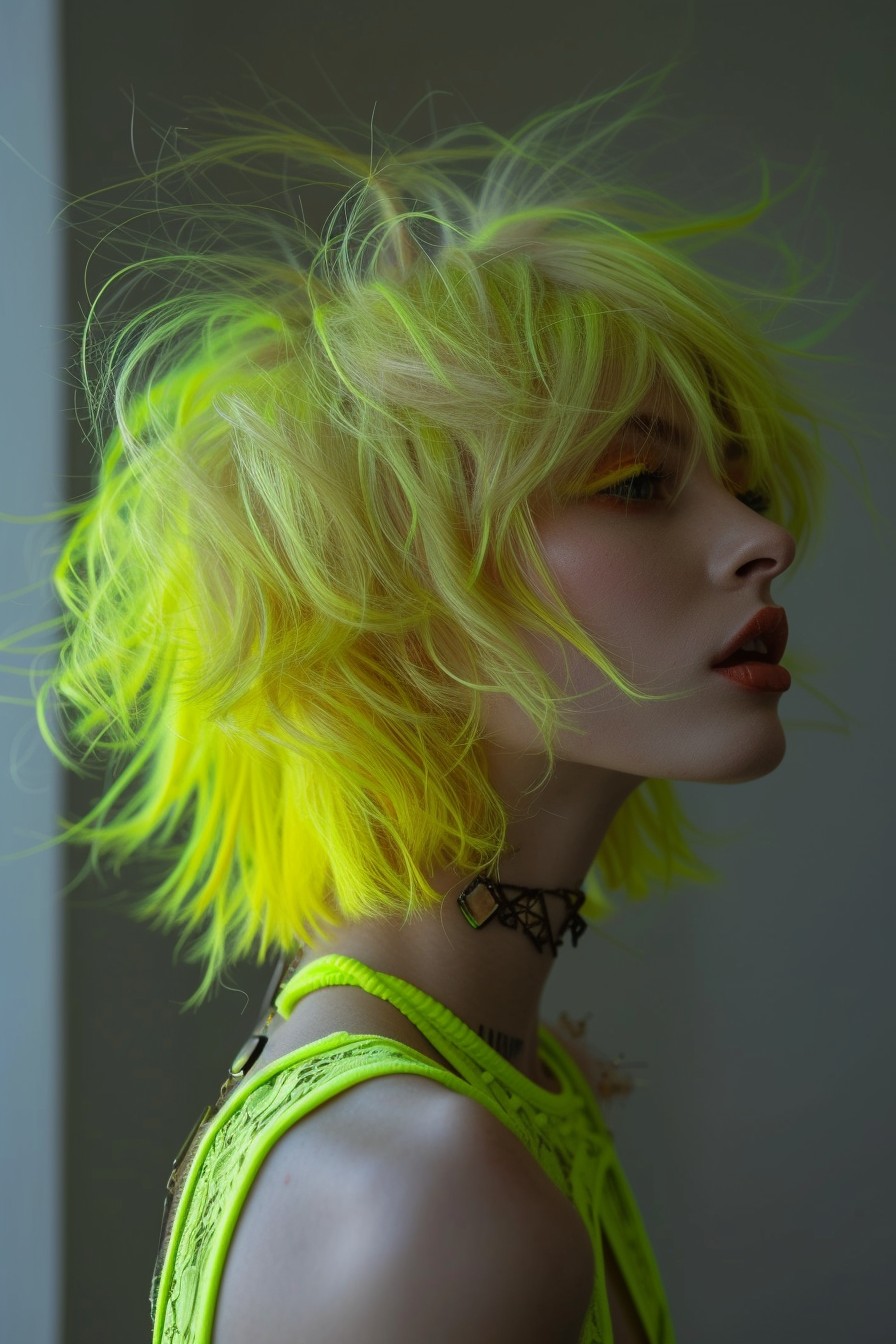 Short Shaggy Mullet with Neon Yellow Highlights